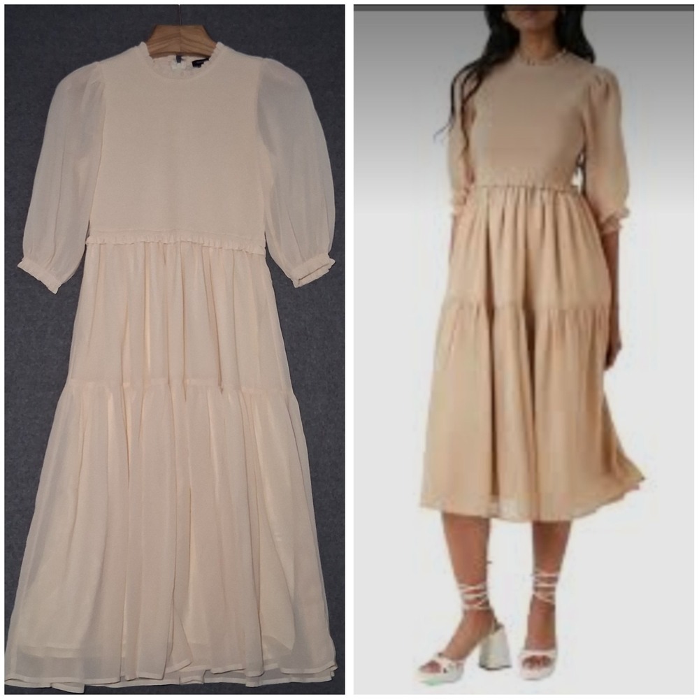 Forever 21 Smocked Bodice Midi Dress Womens Medium Cream Tiered Peasant Sleeves